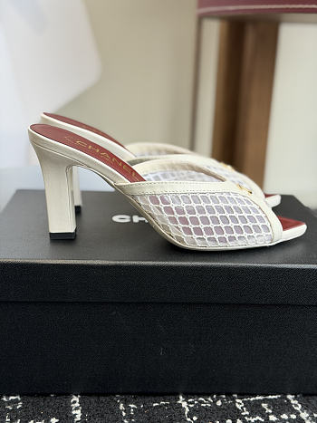 CHANEL | Mesh Pointed-Toe High-Heeled Mule Sandals White 8cm