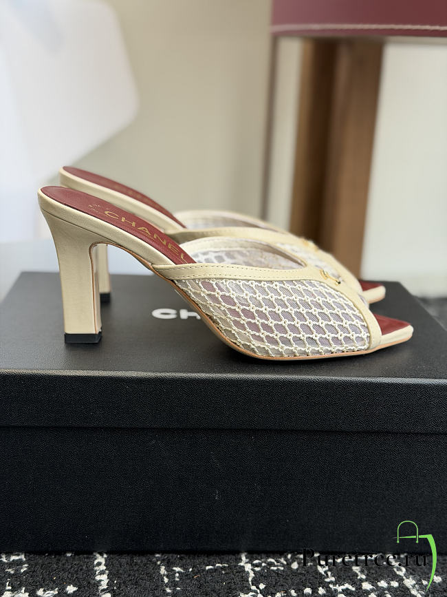 CHANEL | Mesh Pointed-Toe High-Heeled Mule Sandals Cream 8cm - 1