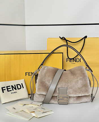 FENDI | Mamma Baguette Medium Gray shearling bag