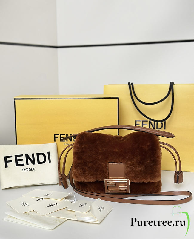FENDI | Mamma Baguette Mini Brown shearling bag - 1