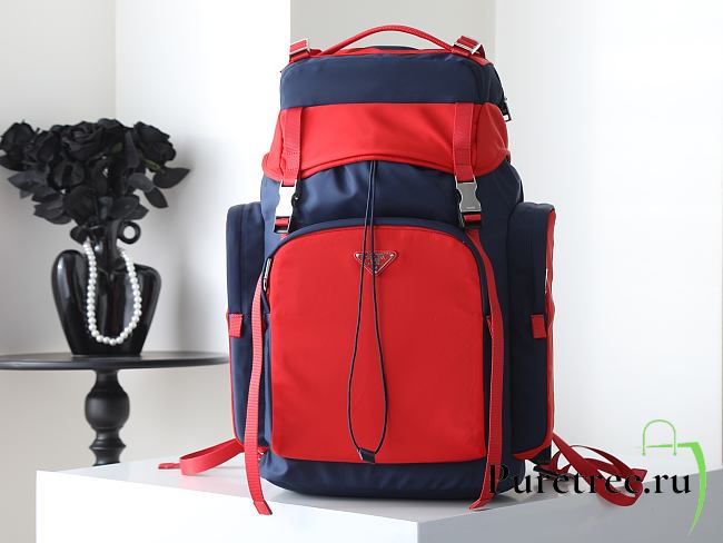 PRADA | Men's Re-Nylon And Leather Backpack Dark Blue/Red - 1