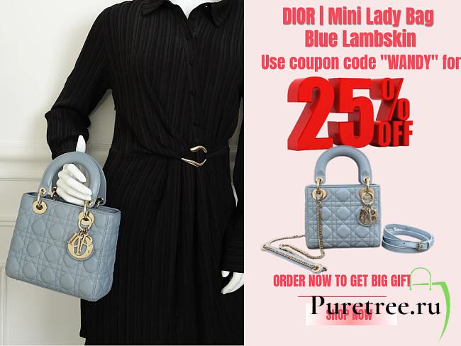DIOR | Mini Lady Bag Blue Lambskin Size 17 x 15 x 7 cm - 1