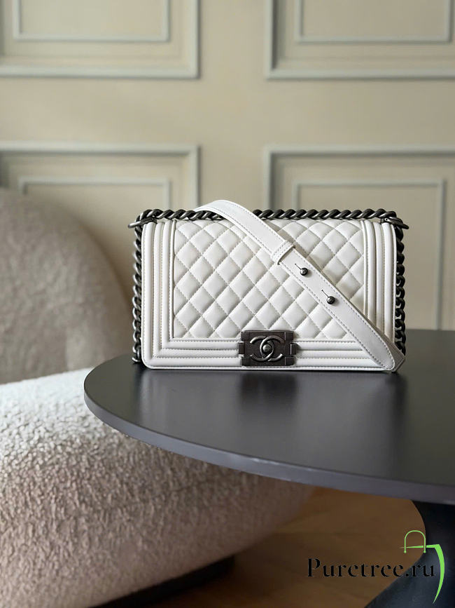 CHANEL | Boy Medium Quilted Leather Flap Bag In White - 1