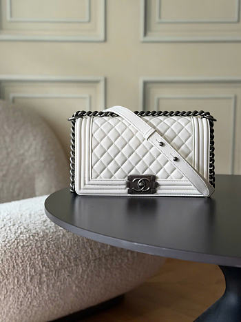 CHANEL | Boy Medium Quilted Leather Flap Bag In White