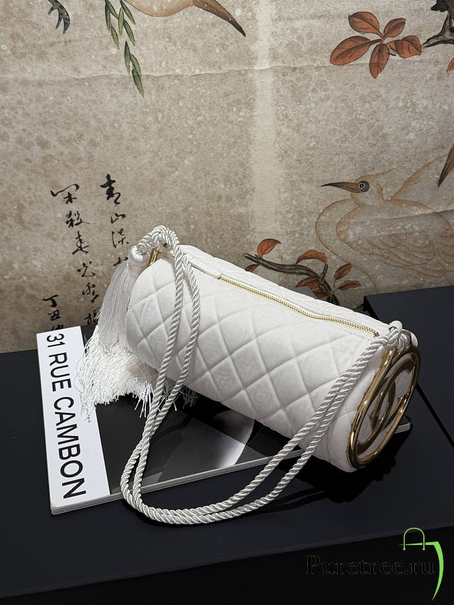 CHANEL | White Velvet Quilted Round Logo Tassel Bucket Bag - 1