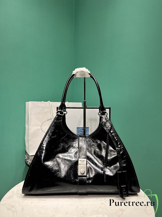 PRADA | Glossy Calfskin Large Tote Bag Black - 1