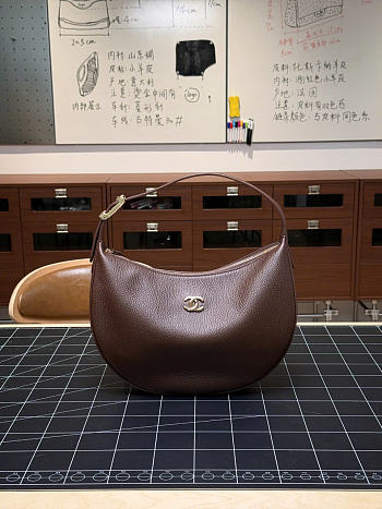 CHANEL | Top Handle Hobo Bag Dark Brown Grained Calfskin Gold Hardware