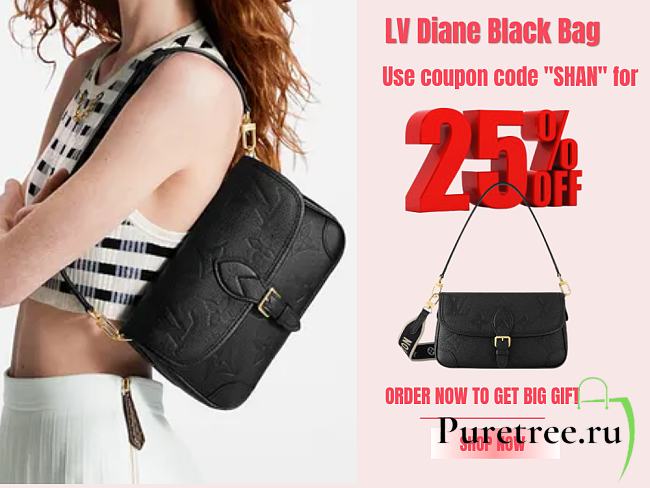 LV Diane Black Supple Grained Leather M46386 24x9x15 cm - 1