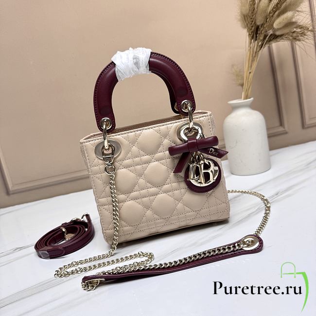 DIOR | Mini Lady Dior Bag with Chain beige and burgundy  - 1